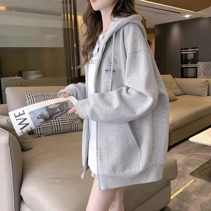 Women Cute Oversized Hoodies Goth Bunny Graphic Zip Up Hoodie Y2K Plain Streetwear Emo Cardigan Jacket Sweatshirts