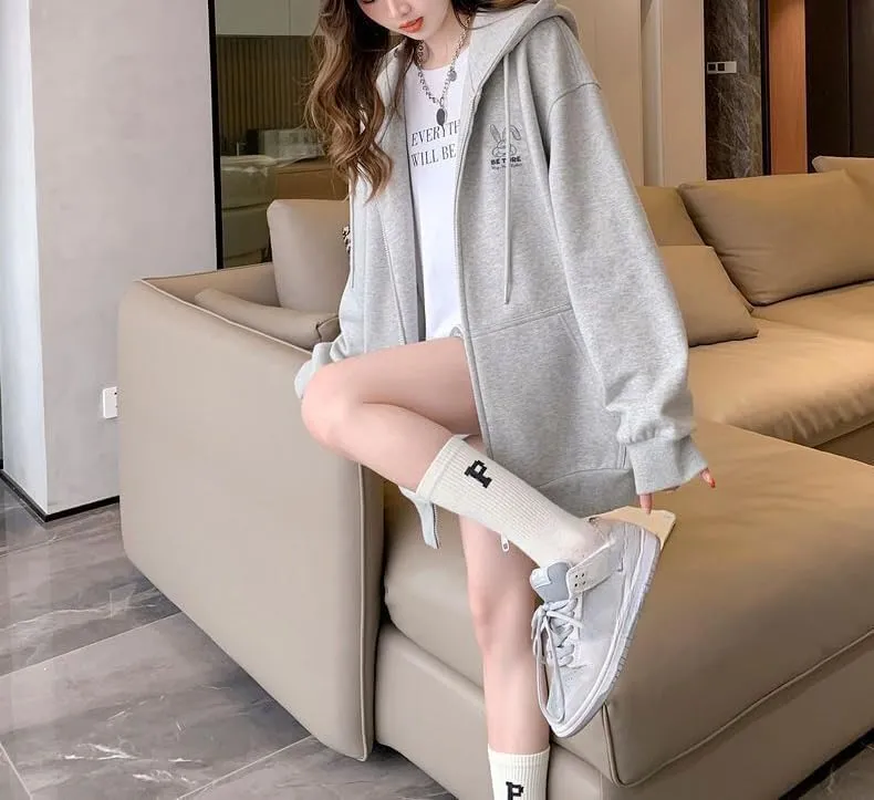 Women Cute Oversized Hoodies Goth Bunny Graphic Zip Up Hoodie Y2K Plain Streetwear Emo Cardigan Jacket Sweatshirts