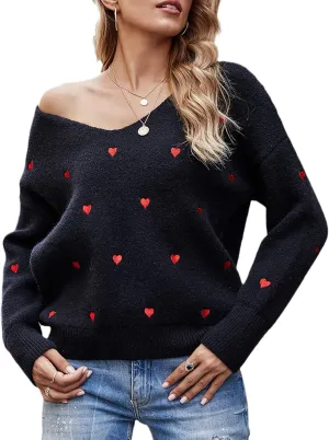 Women Cute Valentine Heart Graphic Jumper V-Neck Embroidery Knitted Loose Pullover Sweater Tops