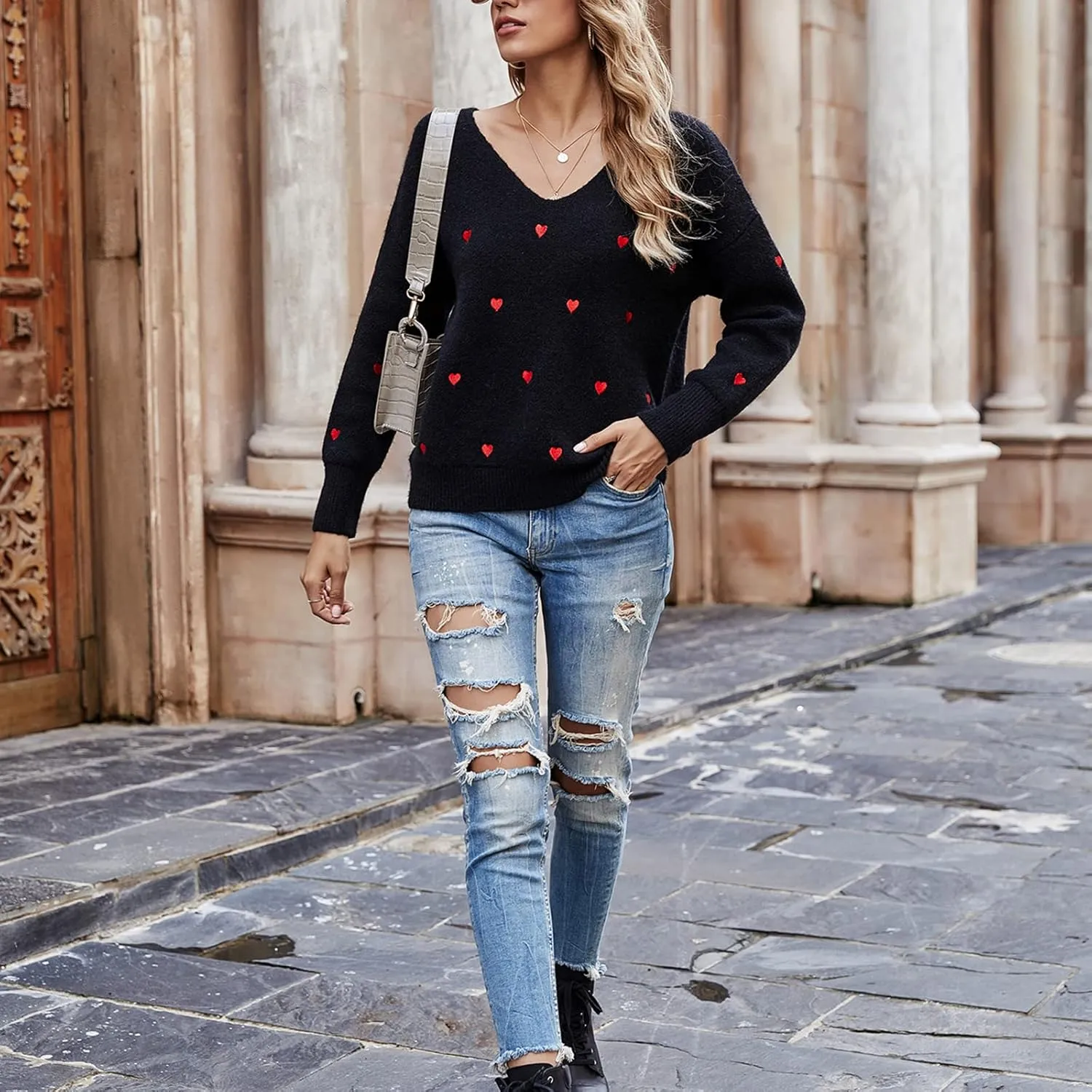 Women Cute Valentine Heart Graphic Jumper V-Neck Embroidery Knitted Loose Pullover Sweater Tops