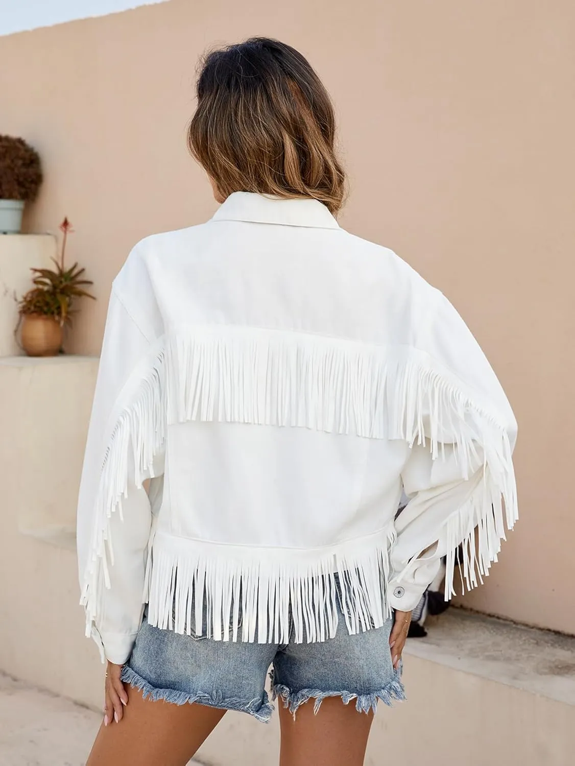 Women Fringe Cropped Trucker Jean Jacket Distressed Western Cowgirl Shacket Coat