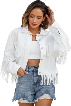 Women Fringe Cropped Trucker Jean Jacket Distressed Western Cowgirl Shacket Coat