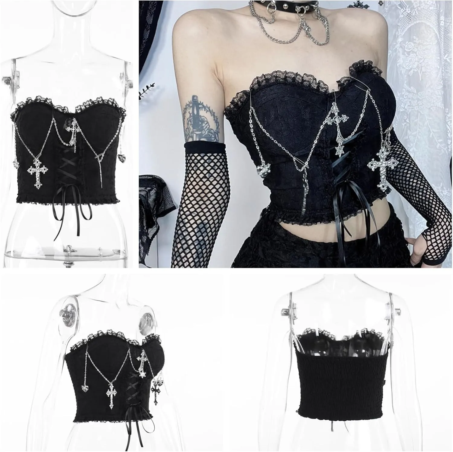 Women Gothic Strapless Crop Tank Tops Grunge Tube Top Y2k Vest Tshirts