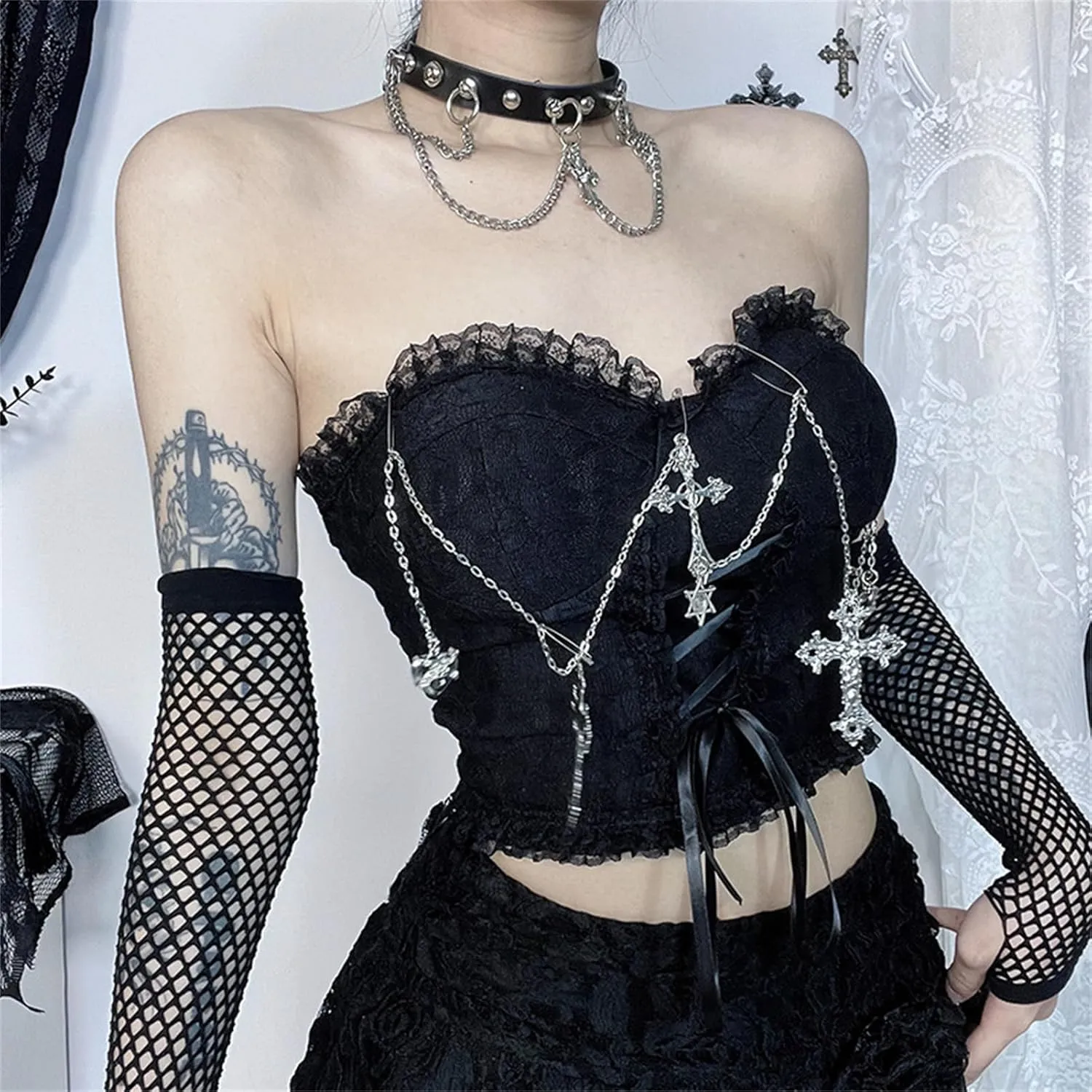 Women Gothic Strapless Crop Tank Tops Grunge Tube Top Y2k Vest Tshirts