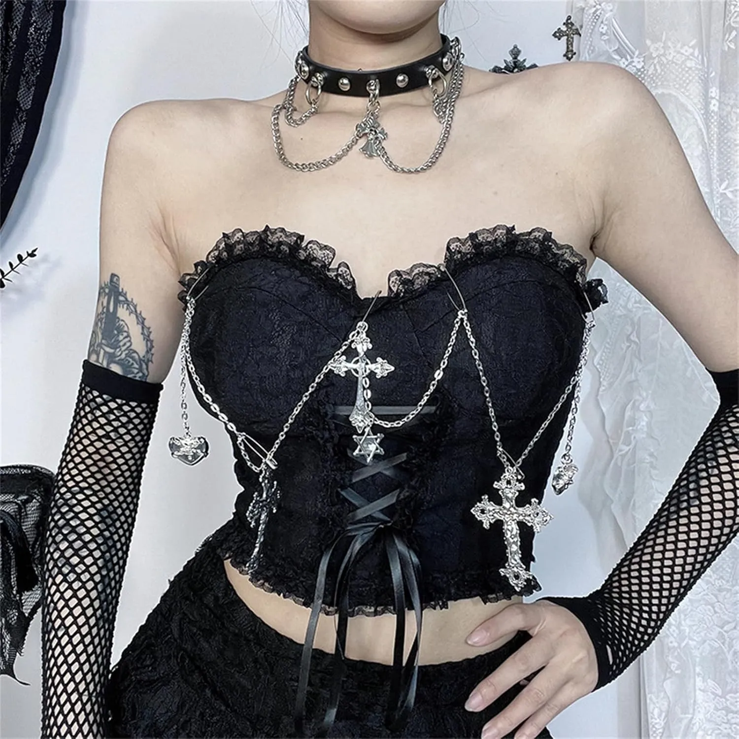 Women Gothic Strapless Crop Tank Tops Grunge Tube Top Y2k Vest Tshirts