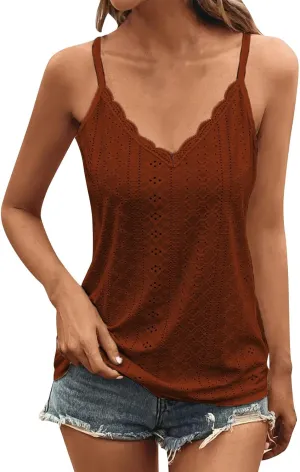 Women Lace Camisole Tops Spaghetti Strap Eyelet Tank Shirts Summer Sleeveless Cute Loose Fit Shirts Embroidery Blouse