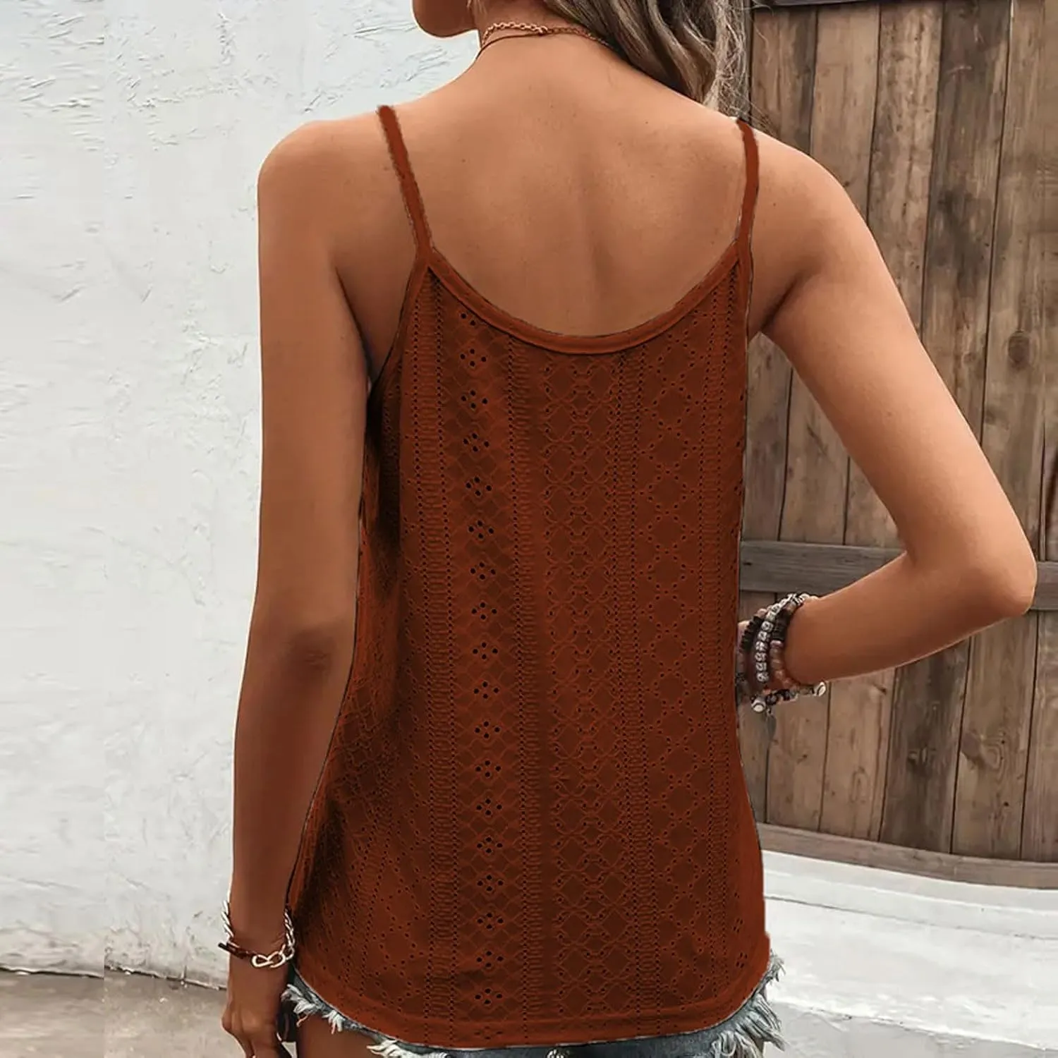 Women Lace Camisole Tops Spaghetti Strap Eyelet Tank Shirts Summer Sleeveless Cute Loose Fit Shirts Embroidery Blouse