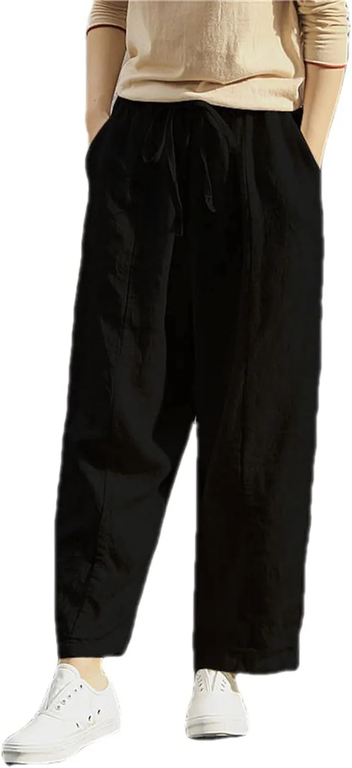 Women Linen Pants Summer Casual Drawstring Pants Plus Size Beach Boho Slacks Lightweight Comfy Workout Crop Trousers