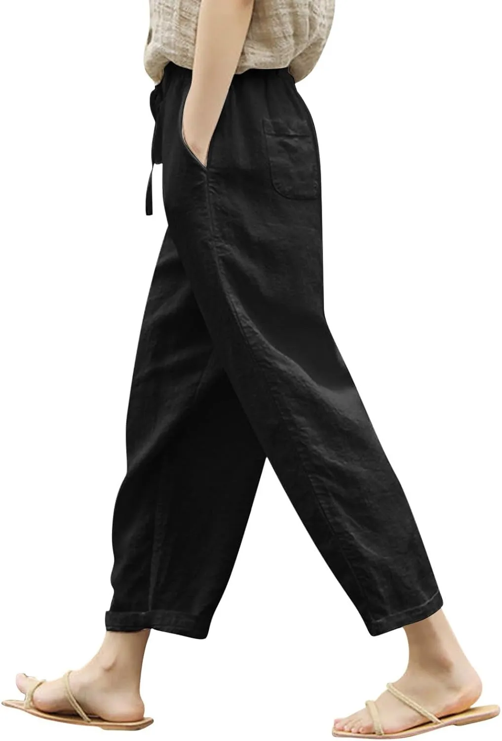 Women Linen Pants Summer Casual Drawstring Pants Plus Size Beach Boho Slacks Lightweight Comfy Workout Crop Trousers