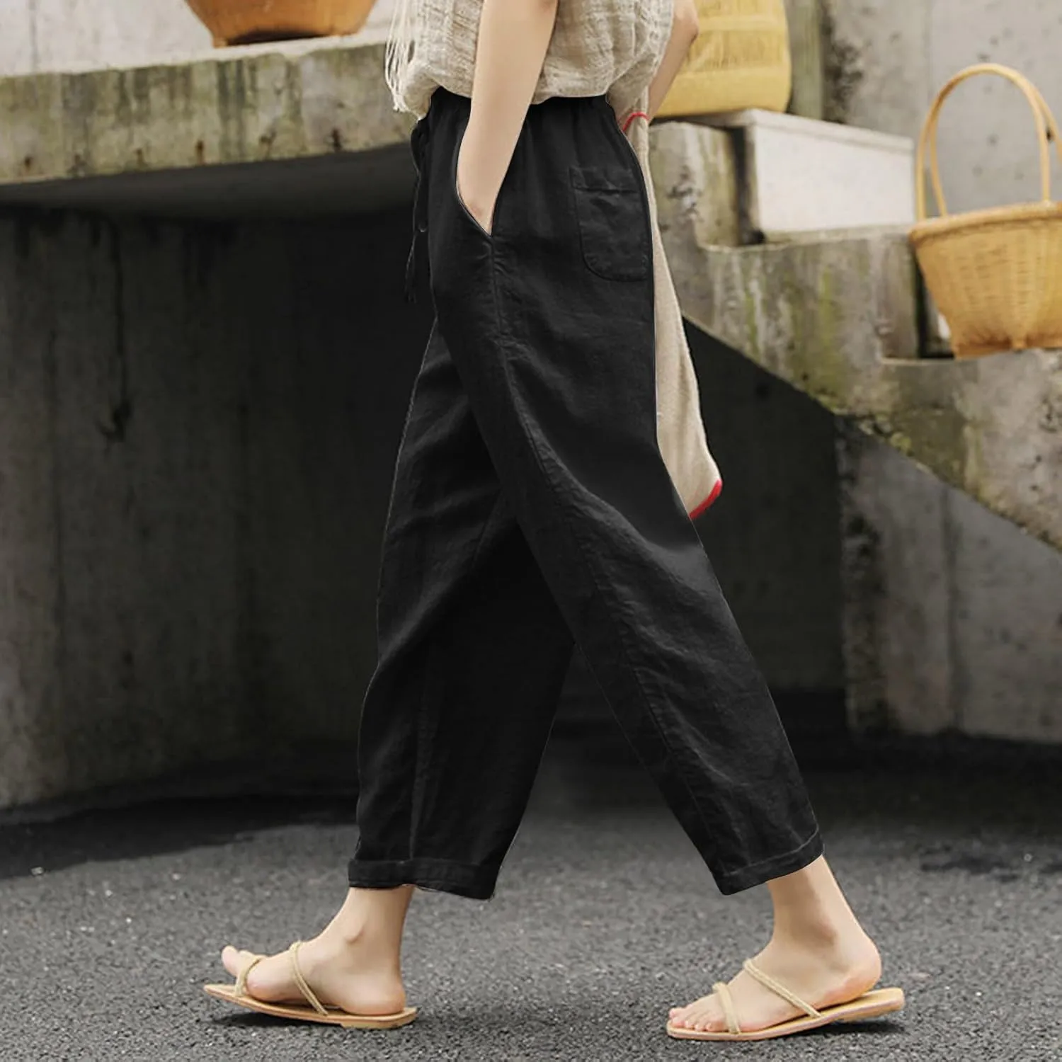 Women Linen Pants Summer Casual Drawstring Pants Plus Size Beach Boho Slacks Lightweight Comfy Workout Crop Trousers