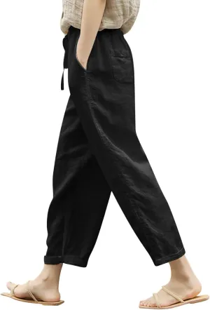 Women Linen Pants Summer Casual Drawstring Pants Plus Size Beach Boho Slacks Lightweight Comfy Workout Crop Trousers
