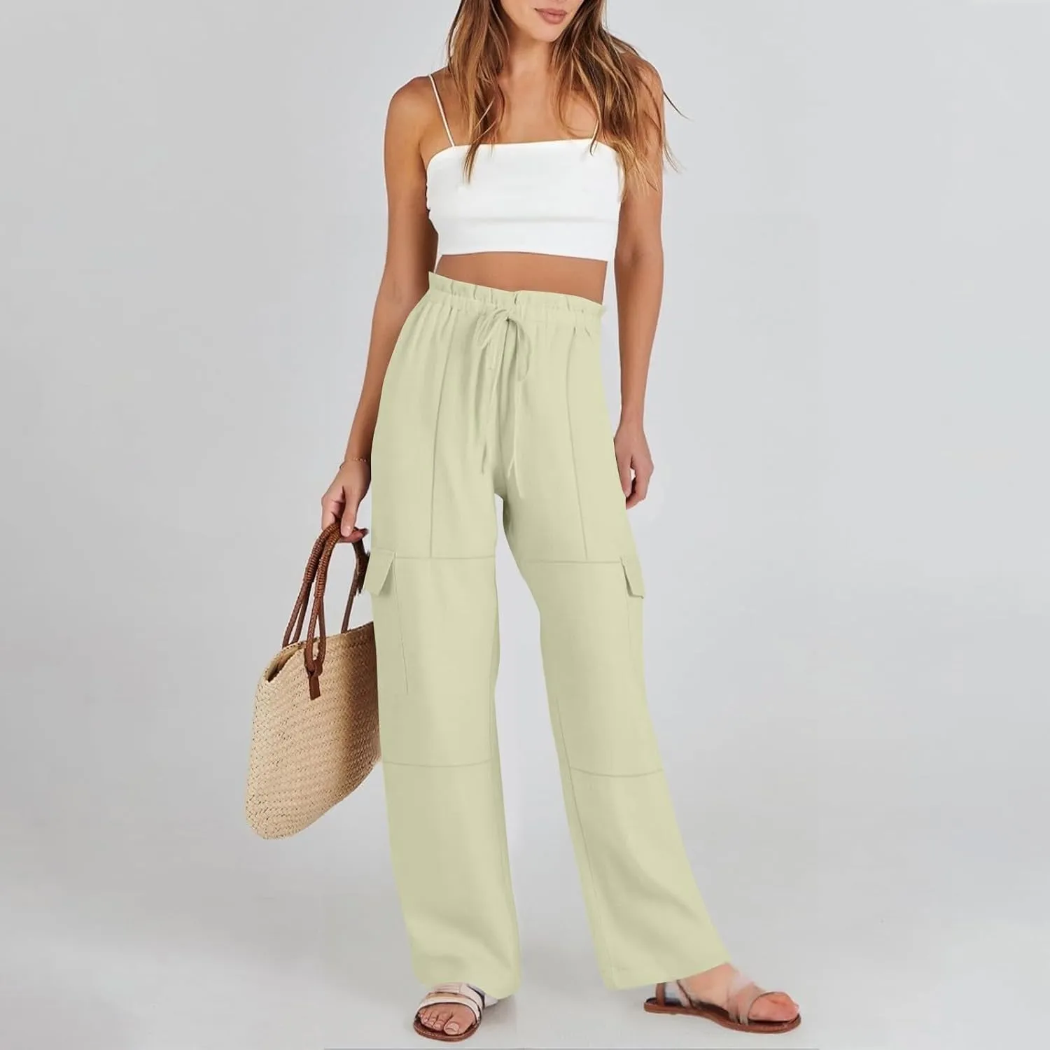 Women Linen Pants Summer Drawstring High Wasited Baggy Cargo Pants Wide Leg Lounge Pant Lightweight Hiking Pant