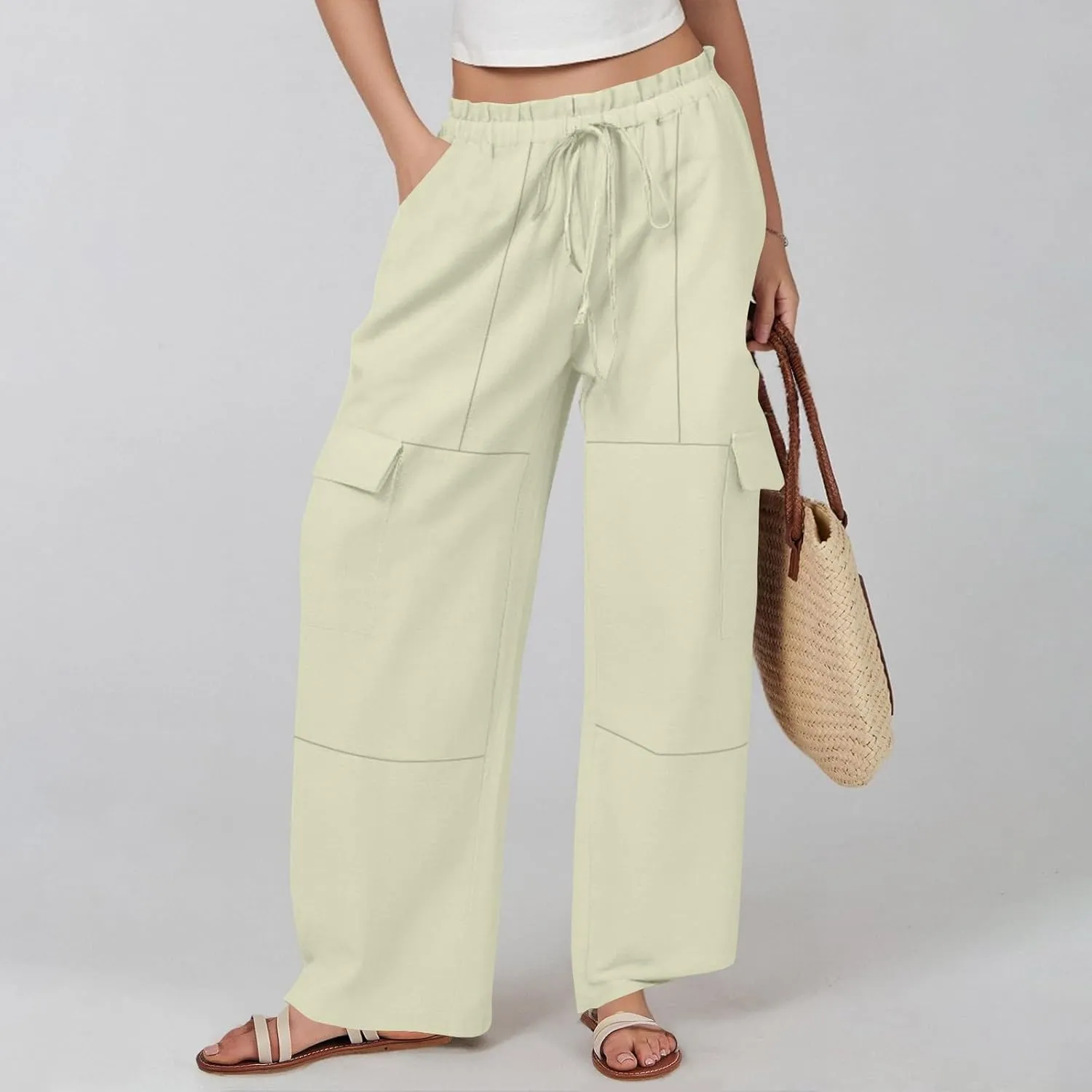 Women Linen Pants Summer Drawstring High Wasited Baggy Cargo Pants Wide Leg Lounge Pant Lightweight Hiking Pant