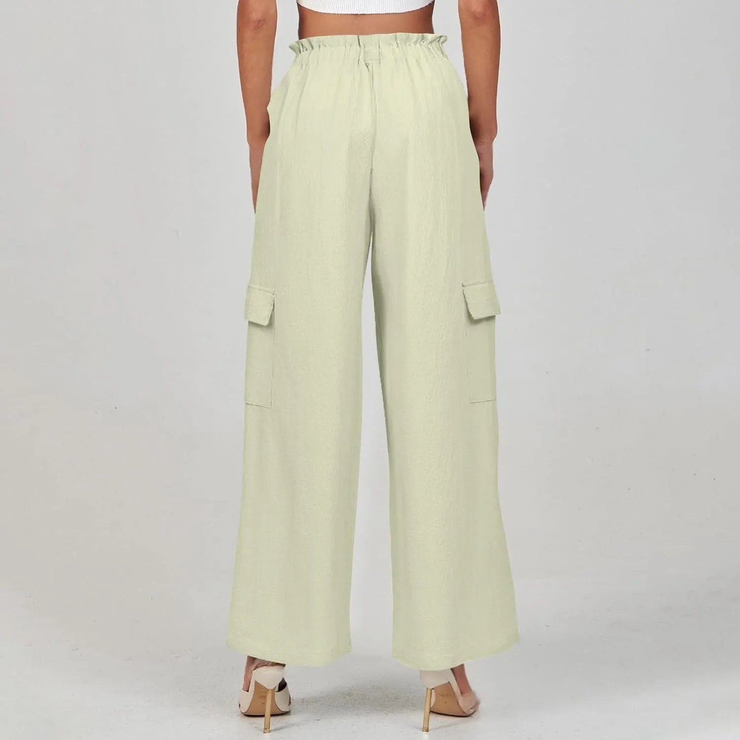 Women Linen Pants Summer Drawstring High Wasited Baggy Cargo Pants Wide Leg Lounge Pant Lightweight Hiking Pant