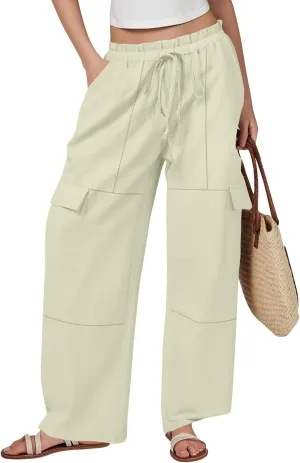 Women Linen Pants Summer Drawstring High Wasited Baggy Cargo Pants Wide Leg Lounge Pant Lightweight Hiking Pant