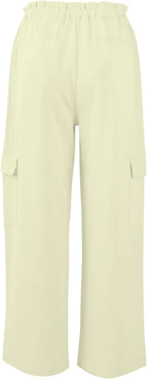 Women Linen Pants Summer Drawstring High Wasited Baggy Cargo Pants Wide Leg Lounge Pant Lightweight Hiking Pant