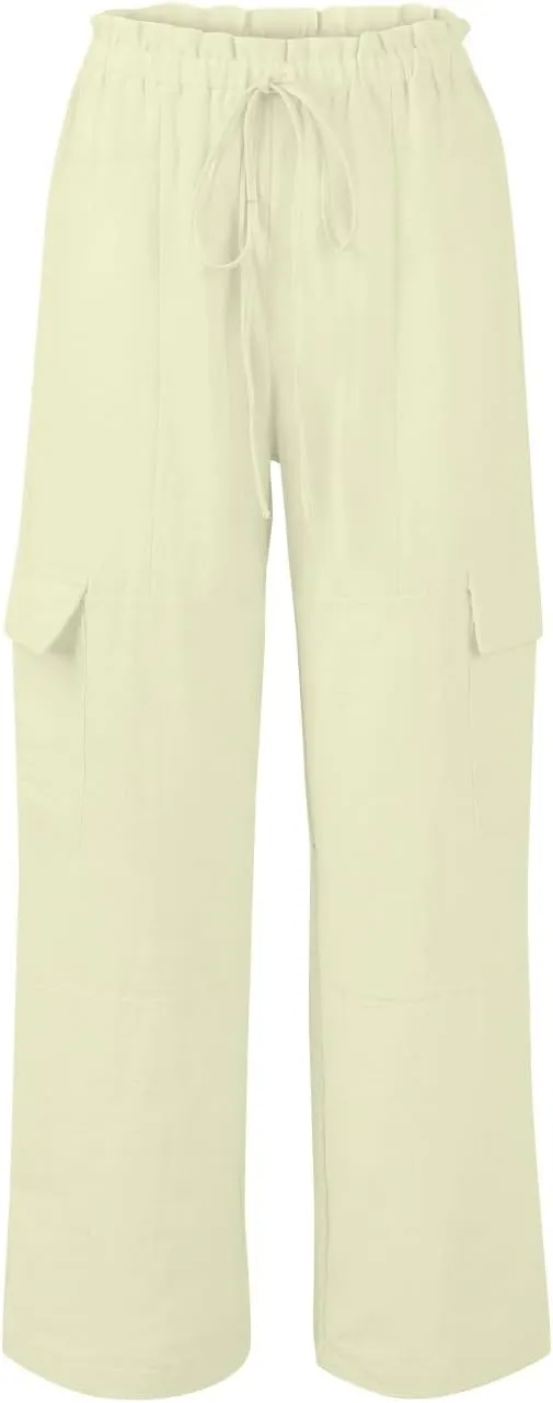 Women Linen Pants Summer Drawstring High Wasited Baggy Cargo Pants Wide Leg Lounge Pant Lightweight Hiking Pant