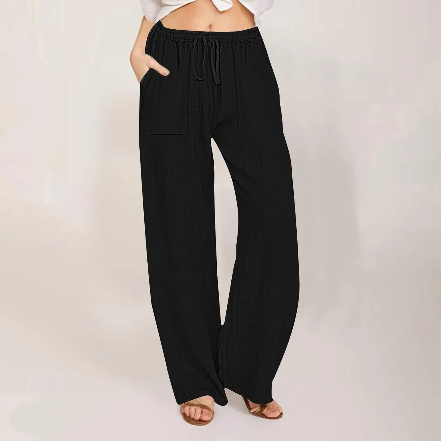 Women Linen Pants Summer Lightweight Cotton Linen Wide Leg Lounge Trousers Casual Elastic Waist Boho Beach Palazzo