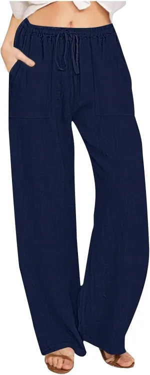 Women Linen Pants Summer Lightweight Cotton Linen Wide Leg Lounge Trousers Casual Elastic Waist Boho Beach Palazzo