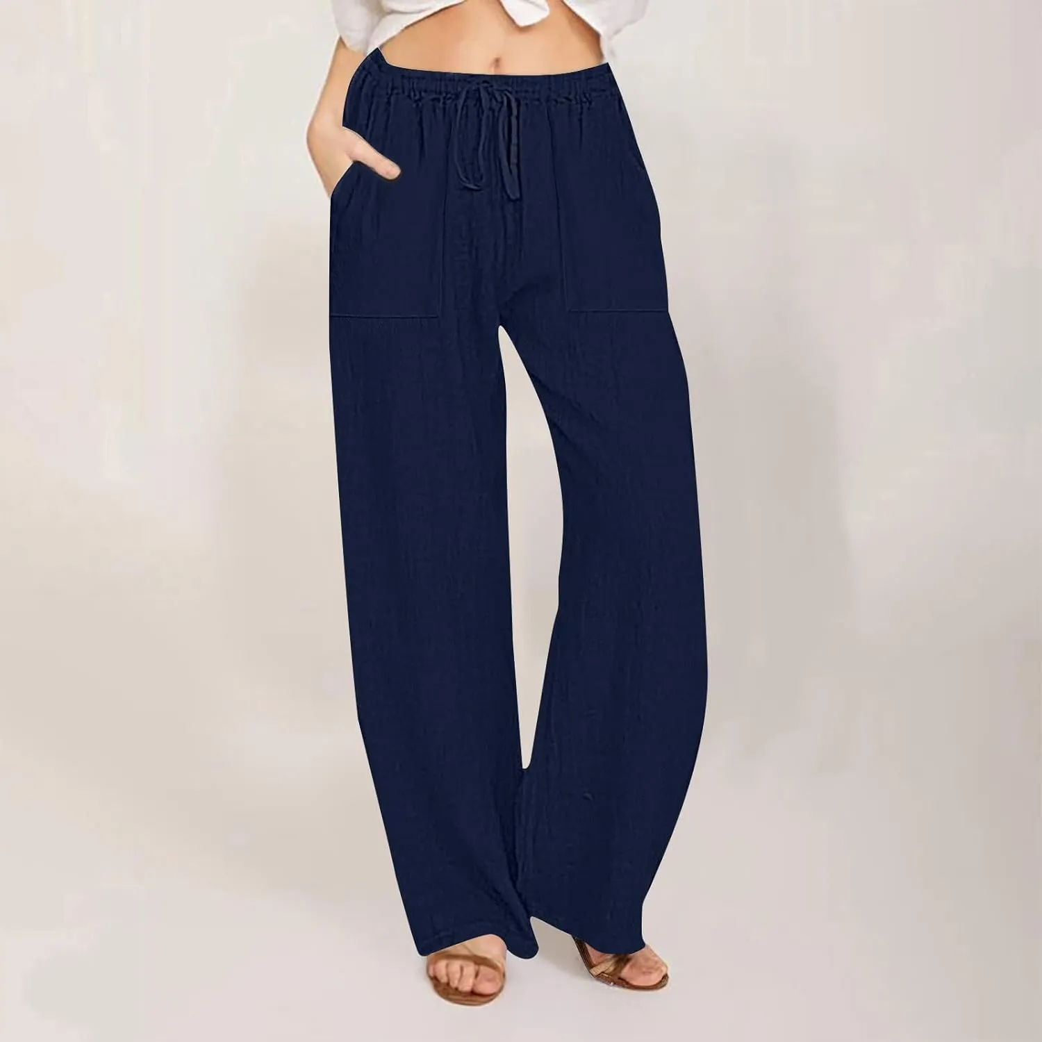 Women Linen Pants Summer Lightweight Cotton Linen Wide Leg Lounge Trousers Casual Elastic Waist Boho Beach Palazzo