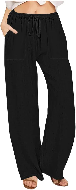 Women Linen Pants Summer Lightweight Cotton Linen Wide Leg Lounge Trousers Casual Elastic Waist Boho Beach Palazzo