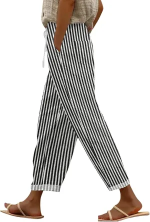 Women Linen Pants Summer Pure High Waist Lounge Bohemian Petite Trousers Trendy Outfit with Pockets