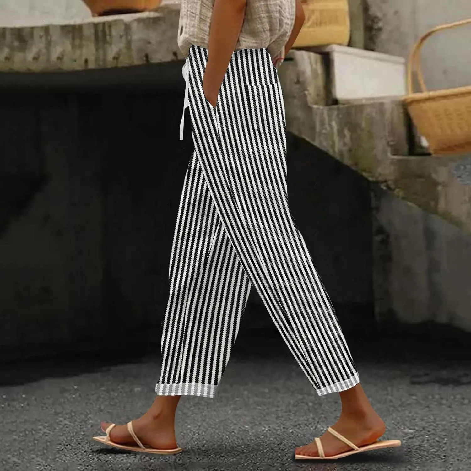 Women Linen Pants Summer Pure High Waist Lounge Bohemian Petite Trousers Trendy Outfit with Pockets