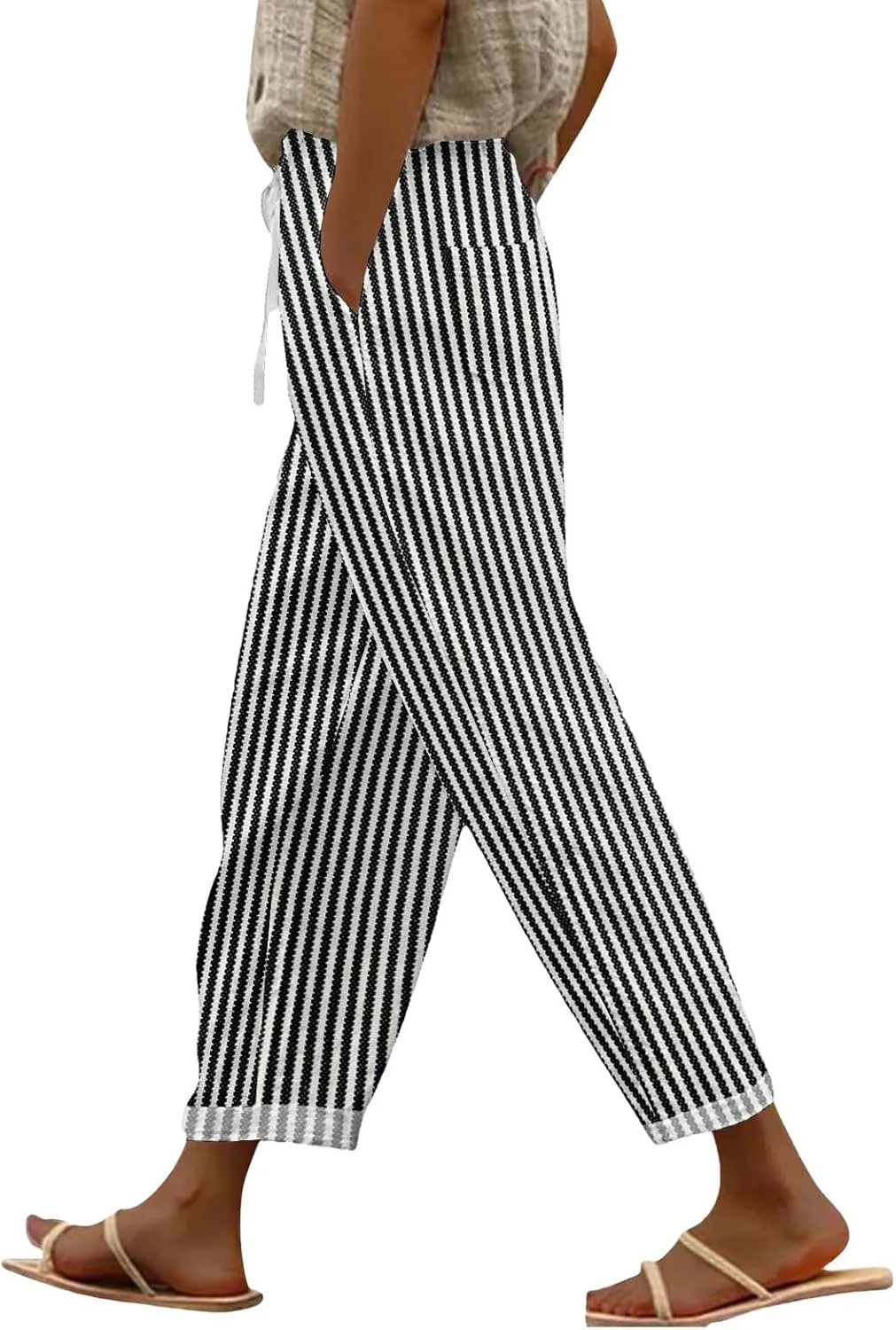 Women Linen Pants Summer Pure High Waist Lounge Bohemian Petite Trousers Trendy Outfit with Pockets