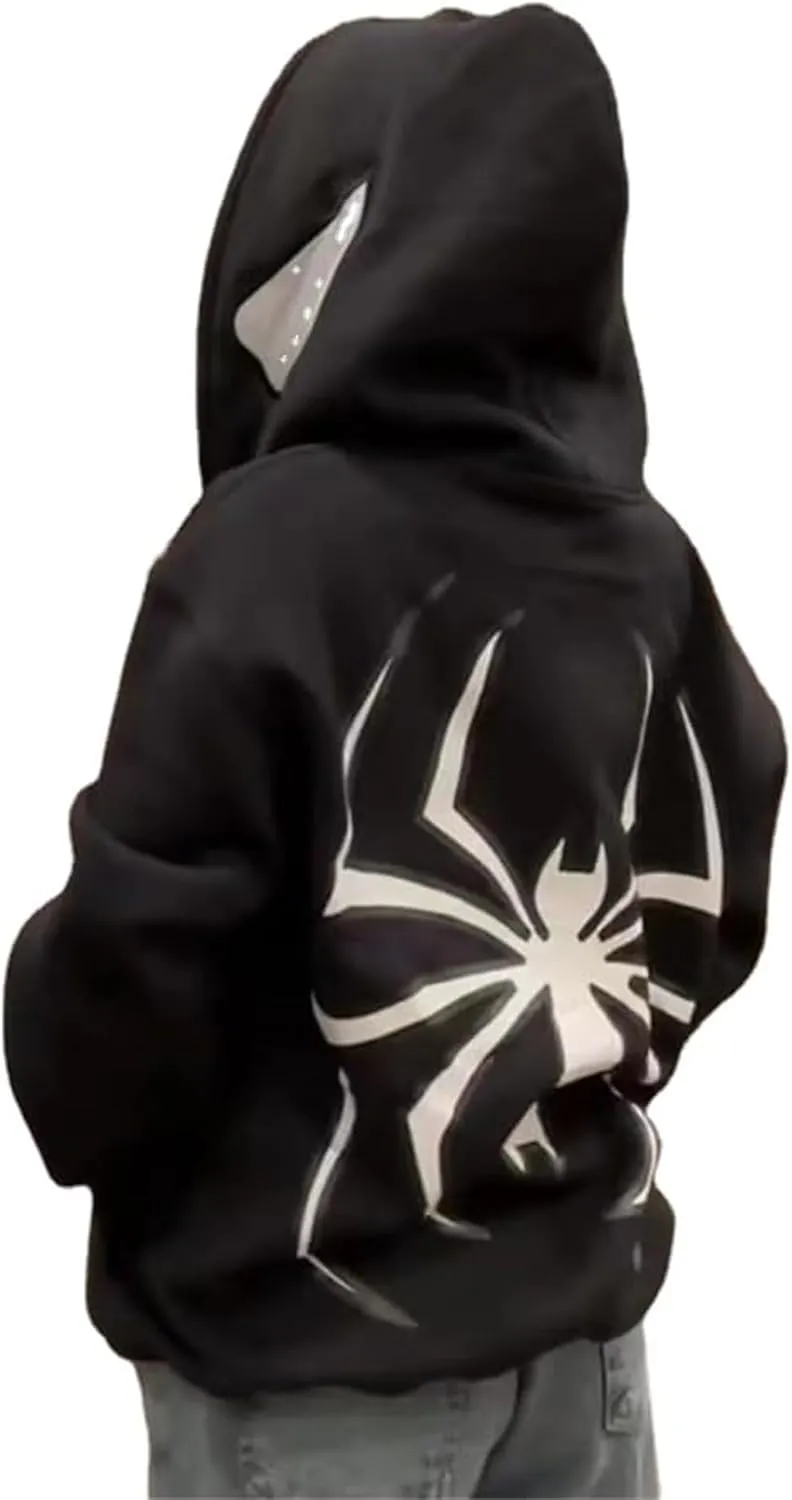 Women Men Zip Up Y2k Oversized Hoodie Spider Graphic Full Zipper Sweatshirt Teen Girls Grunge Streetwear Jacket