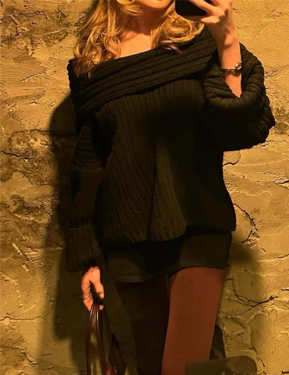 Women Off Shoulder Batwing Sleeve Oversized Chunky Sweaters (Free Size)