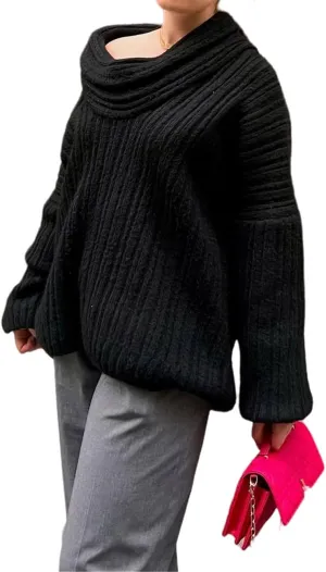 Women Off Shoulder Batwing Sleeve Oversized Chunky Sweaters (Free Size)