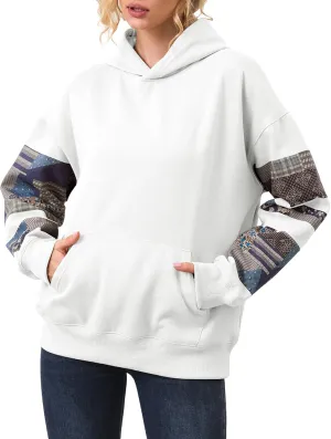 Women Patchwork Hoodies Oversized Fleece Graphic Flower Hooded Sweatshirts Vintage Floral Pullover Sweatshirt Top