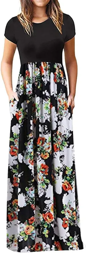Women Plain Maxi Dresses 2025 Summer Short Sleeve Loose Casual Beach Long Dresses with Pockets