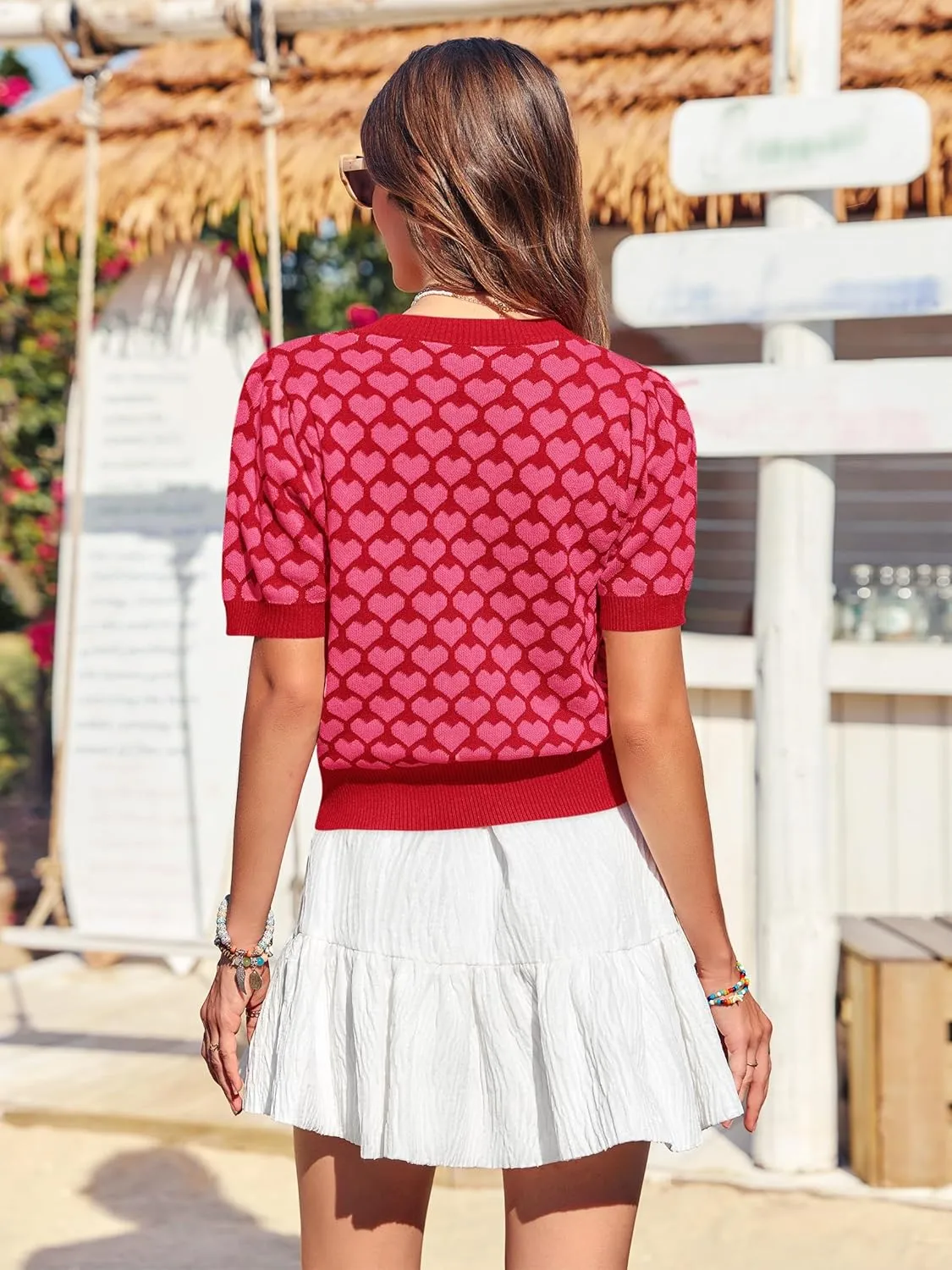 Women Puff Short Sleeve Sweater Casual Cropped Knit Shirts Cute Heart Holidays Graphic Print Pullover Jumper Tops 2025
