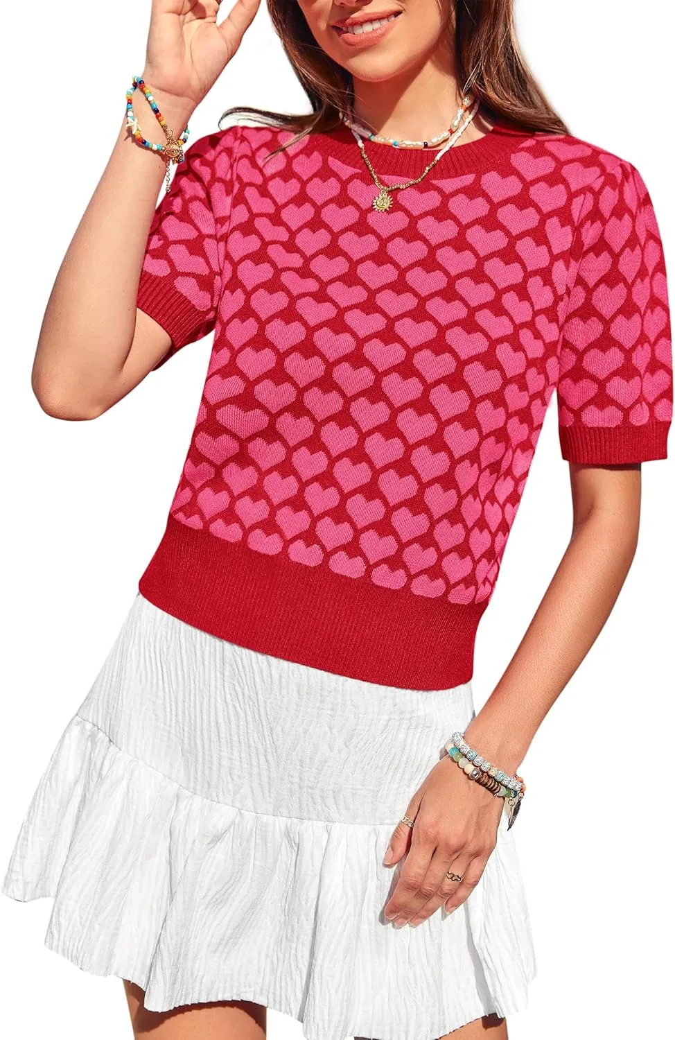 Women Puff Short Sleeve Sweater Casual Cropped Knit Shirts Cute Heart Holidays Graphic Print Pullover Jumper Tops 2025