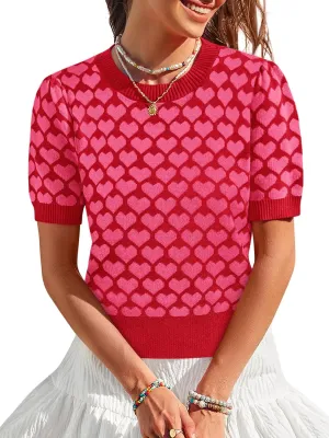 Women Puff Short Sleeve Sweater Casual Cropped Knit Shirts Cute Heart Holidays Graphic Print Pullover Jumper Tops 2025
