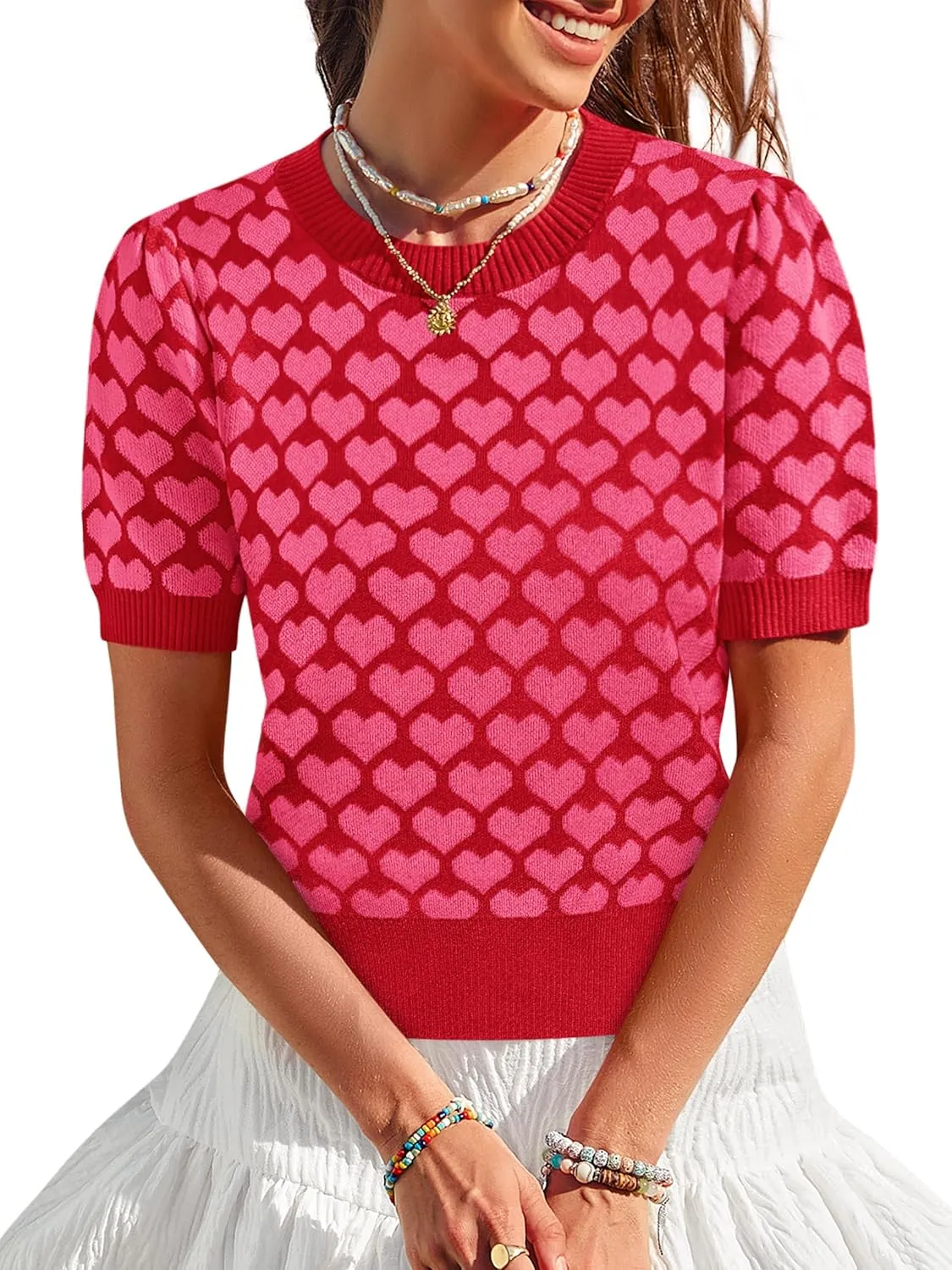 Women Puff Short Sleeve Sweater Casual Cropped Knit Shirts Cute Heart Holidays Graphic Print Pullover Jumper Tops 2025
