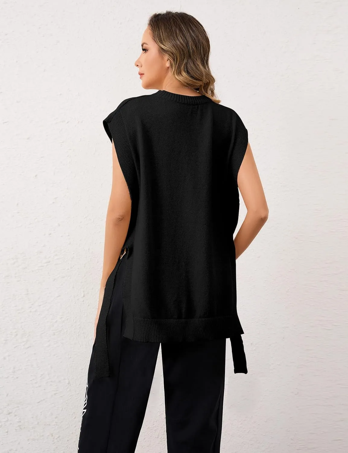 Women Round Neck Sleeveless Pullover Side Tie Sweater Vest Tops High Low Hem Knit Tank Tops Solid Loose Knitwear Vest