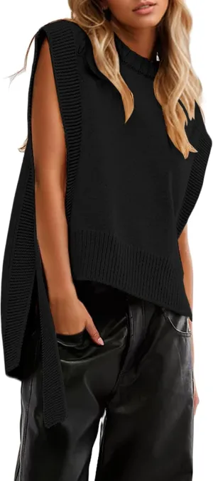 Women Round Neck Sleeveless Pullover Side Tie Sweater Vest Tops High Low Hem Knit Tank Tops Solid Loose Knitwear Vest
