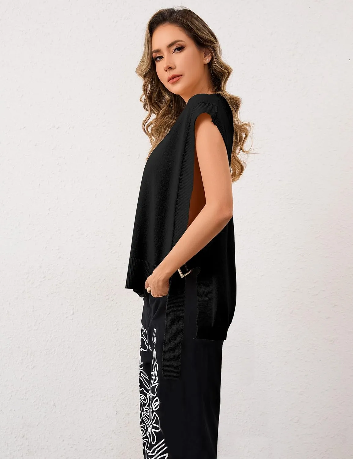 Women Round Neck Sleeveless Pullover Side Tie Sweater Vest Tops High Low Hem Knit Tank Tops Solid Loose Knitwear Vest