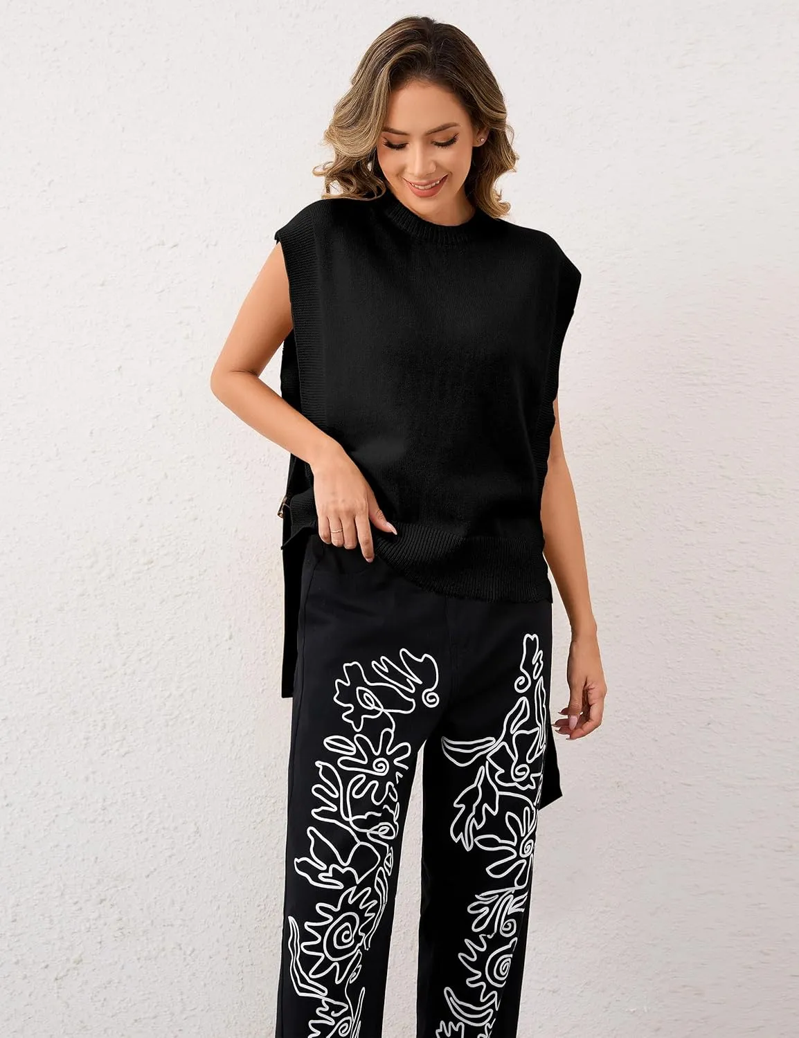 Women Round Neck Sleeveless Pullover Side Tie Sweater Vest Tops High Low Hem Knit Tank Tops Solid Loose Knitwear Vest