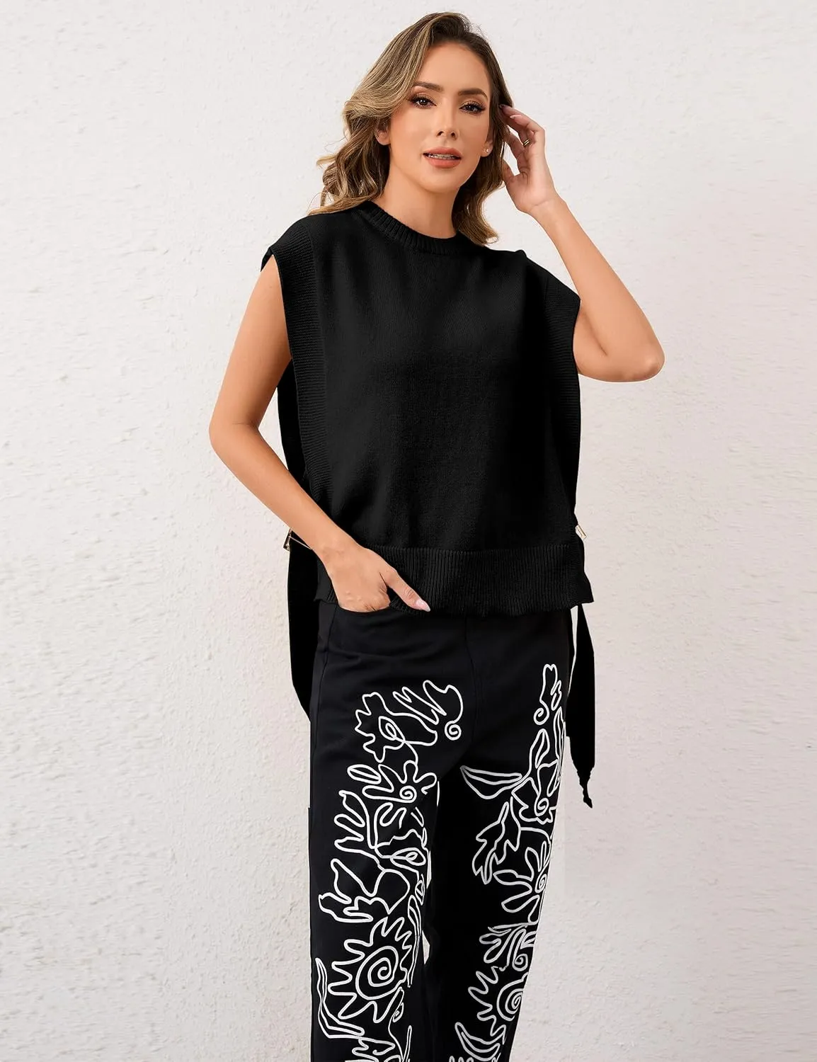 Women Round Neck Sleeveless Pullover Side Tie Sweater Vest Tops High Low Hem Knit Tank Tops Solid Loose Knitwear Vest