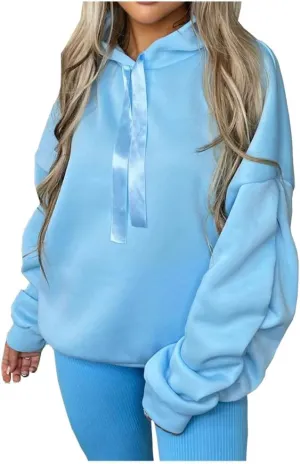 Women Ruched Sleeve Pullover Hoodie With Ribbon Ladies Oversized Hooded Sweatshirt