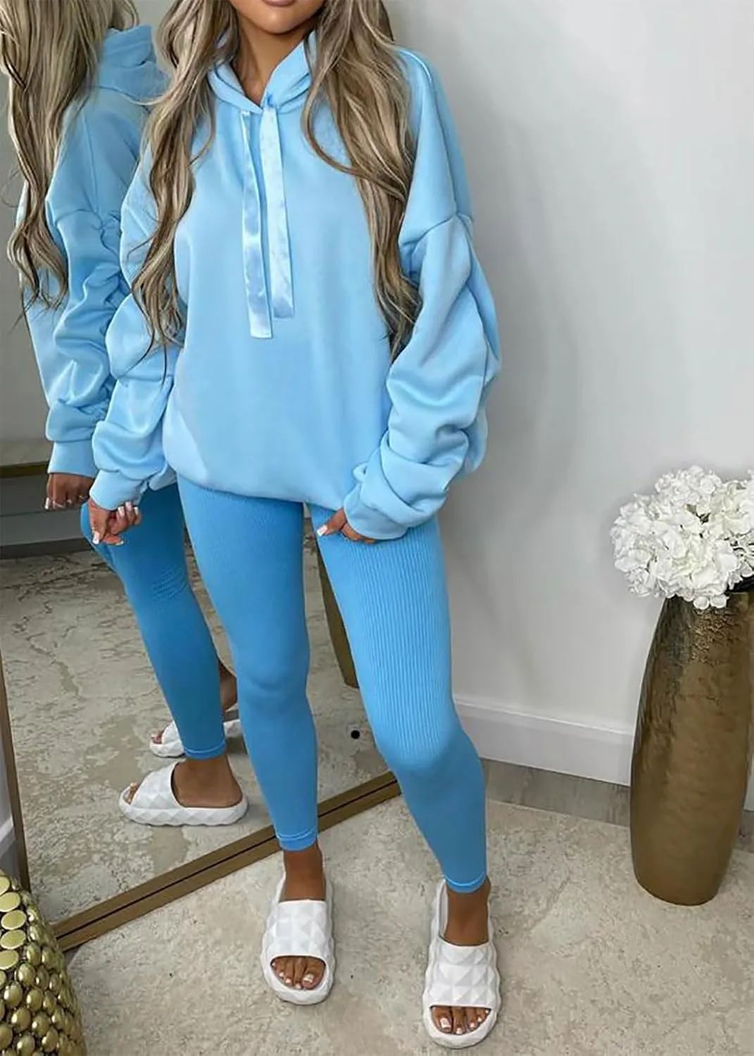 Women Ruched Sleeve Pullover Hoodie With Ribbon Ladies Oversized Hooded Sweatshirt