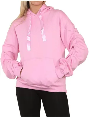 Women Ruched Sleeve Pullover Hoodie With Ribbon Ladies Oversized Hooded Sweatshirt