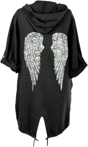 Women Sequin Angel Wings Back Baggy Oversized Hoodie Cardigan Jacket Sweatshirt Top