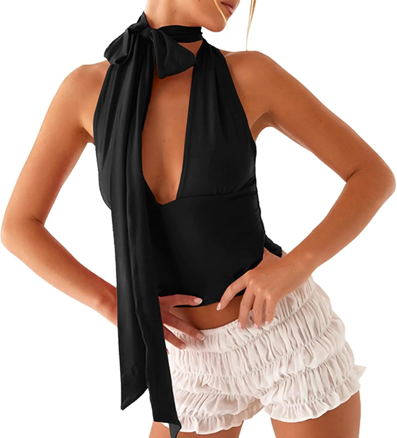 Women Sexy Halter Neck Crop Top V Neck Backless Elagent Sleeveless Camisole Club Outfits
