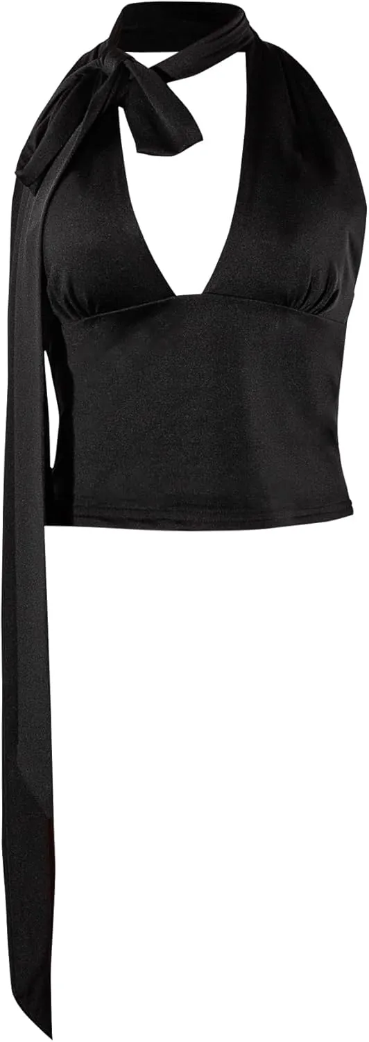 Women Sexy Halter Neck Crop Top V Neck Backless Elagent Sleeveless Camisole Club Outfits