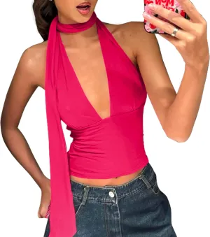 Women Sexy Halter Neck Crop Top V Neck Backless Elagent Sleeveless Camisole Club Outfits