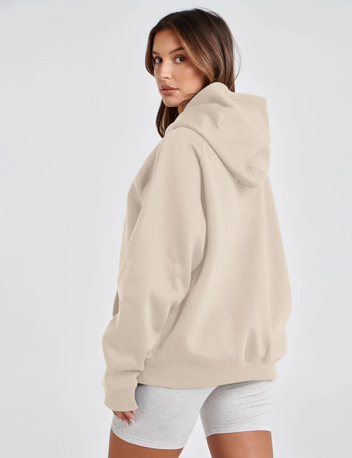 Women Solid Basic Loose Fleece Hoodies Sweatshirt Oversized Long Sleeve Drop Shoulder Kangaroo Pockets Pullovers Top